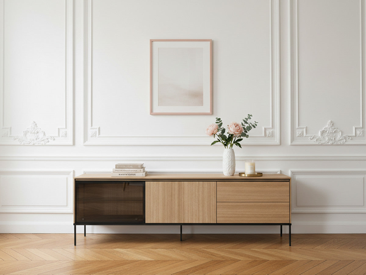 Meuble TV 2 portes 2 tiroirs 197 cm VERONA effet chêne et verre fumé avec LEDS