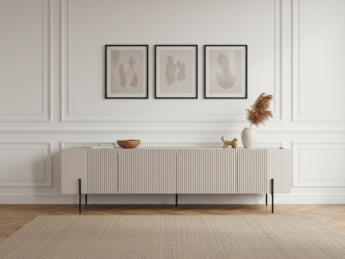 Meuble TV 2 portes 2 tiroirs 200 cm MATHILDE plateau effet marbre et pieds noirs