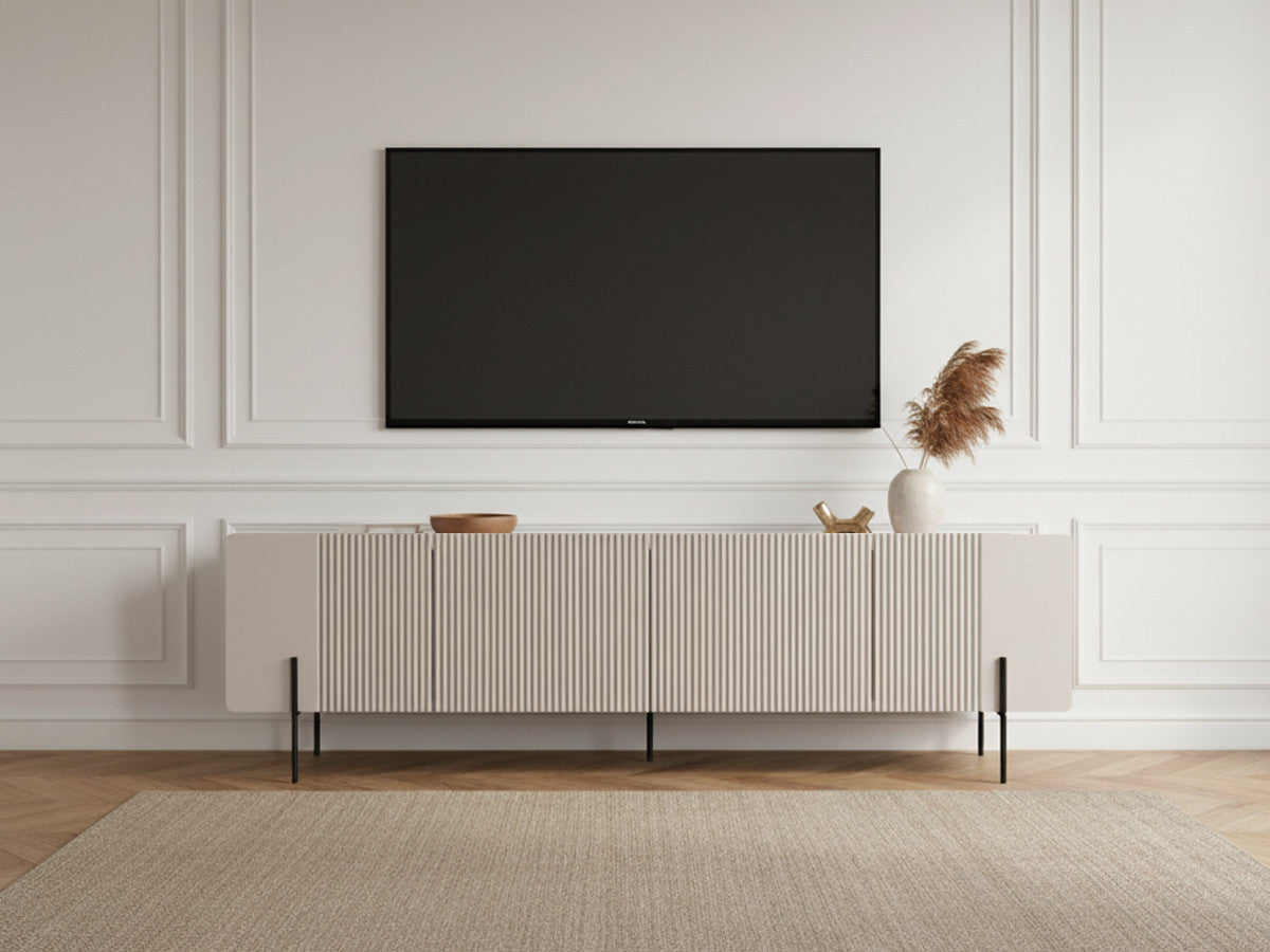 Meuble TV 2 portes 2 tiroirs 200 cm MATHILDE plateau effet marbre et pieds noirs