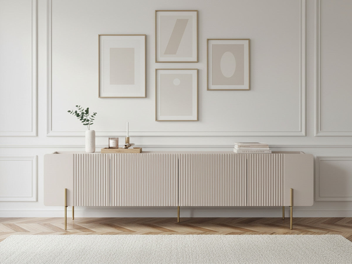 Meuble TV 2 portes 2 tiroirs 200 cm MATHILDE plateau effet marbre et pieds or