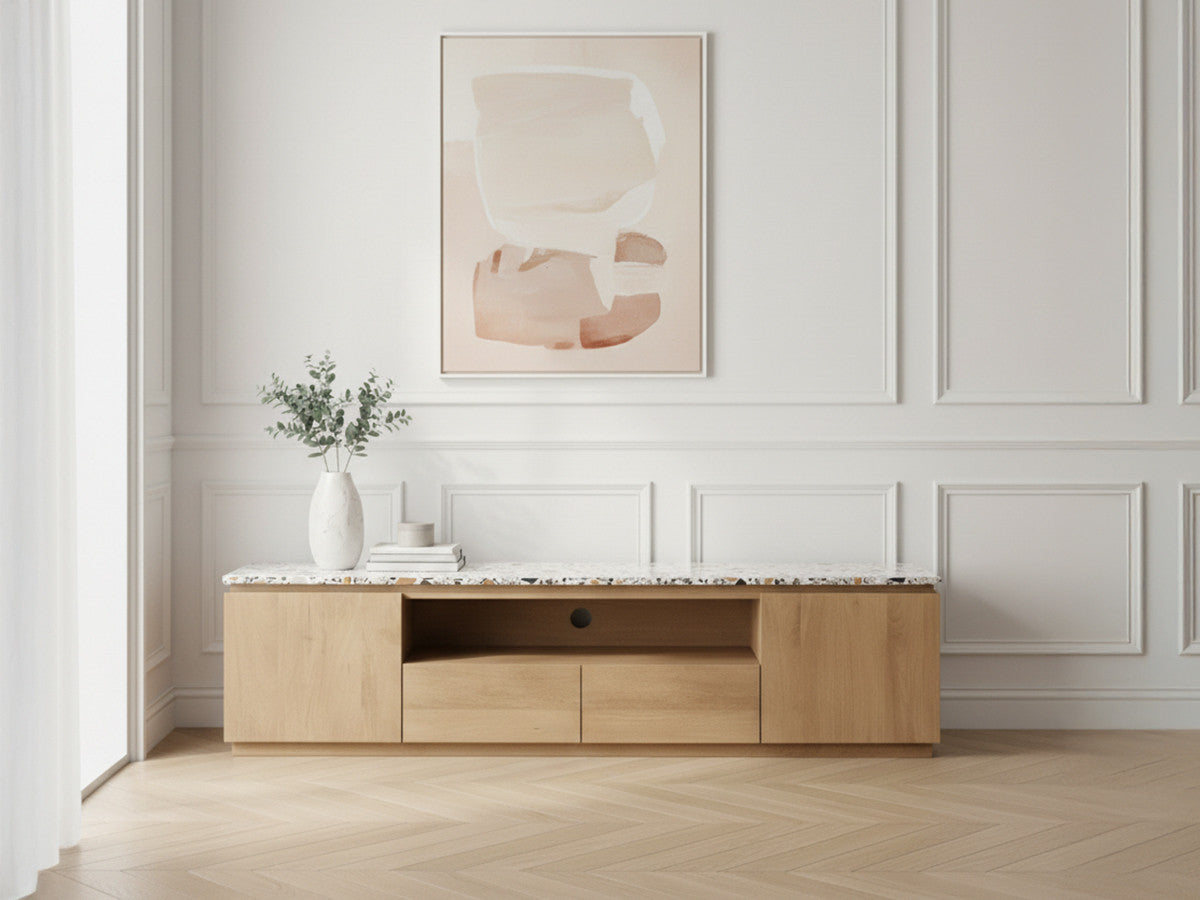Meuble TV 2 portes 200 cm BARBARA bois massif de manguier et terrazzo