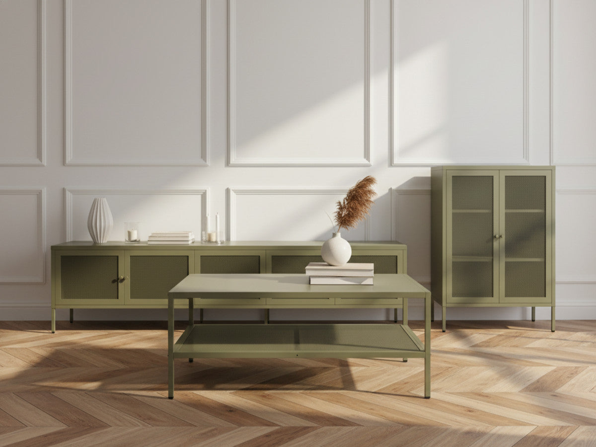 Meuble TV 4 portes 160 cm CLARA métal + Buffet haut 2 portes 70 cm CLARA métal + Table basse 100 cm CLARA métal édition limitée