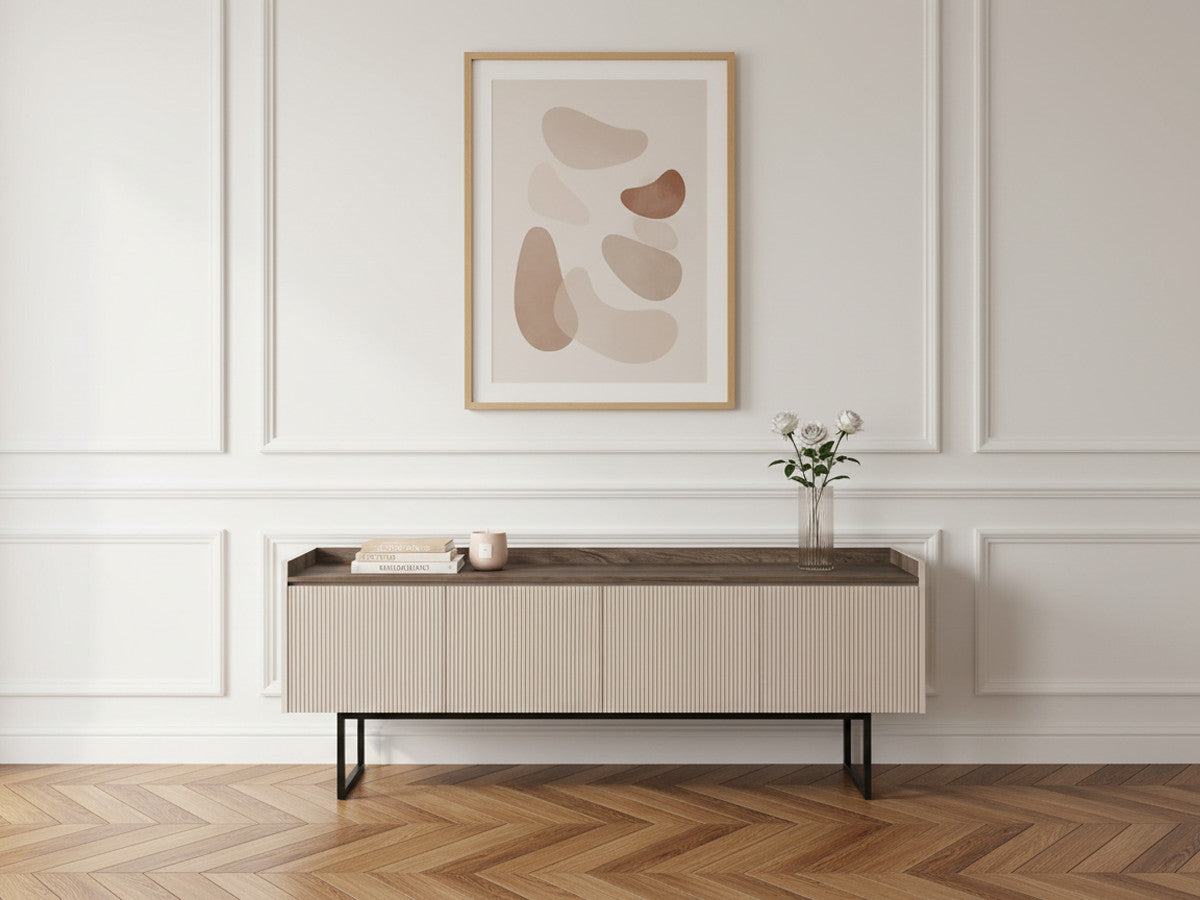 LOUNA 4-deurs tv-meubel 166 cm beige en houtlook met lamellen en led's