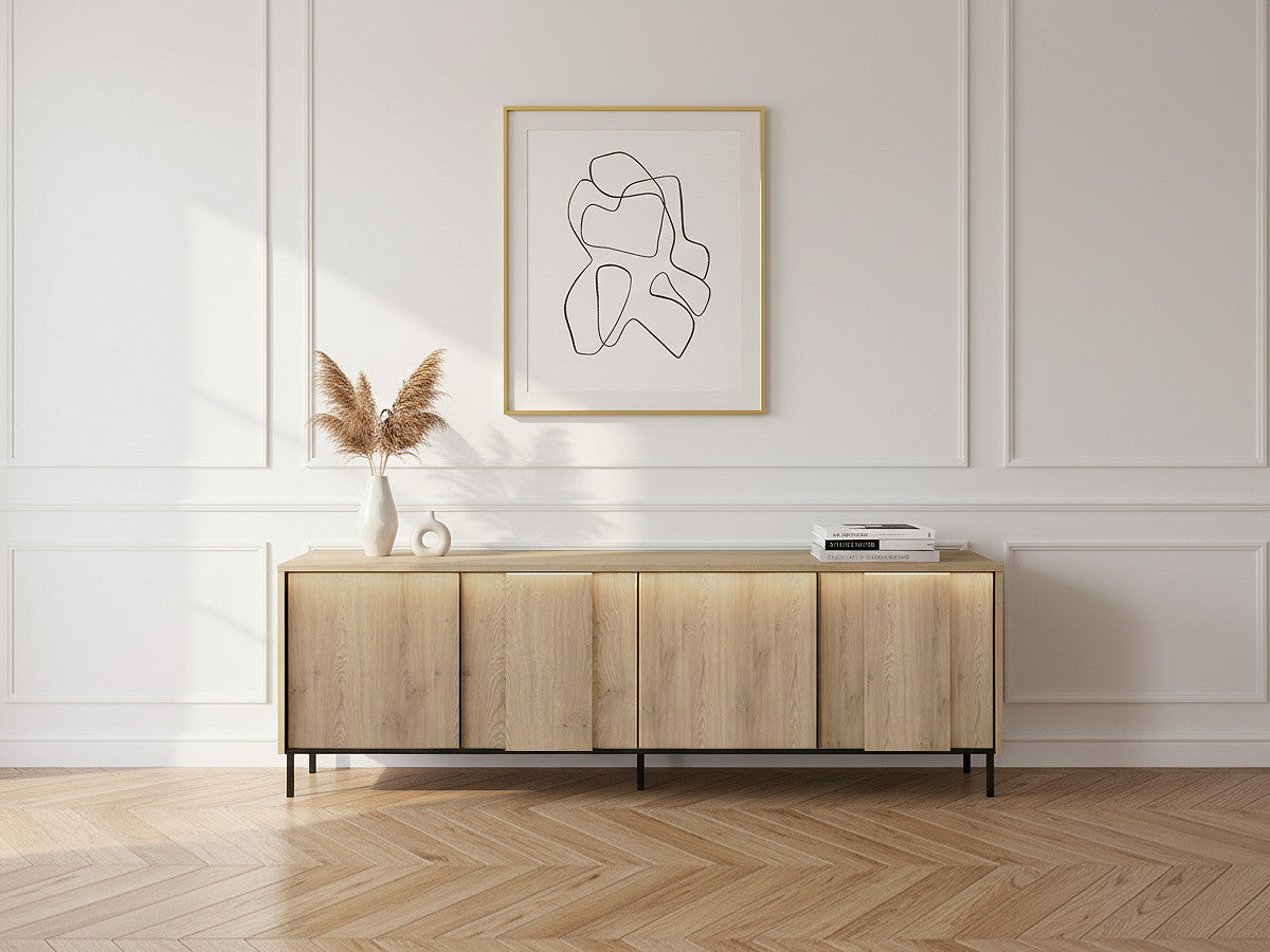 Meuble TV 4 portes 167 cm TILIA imitation chêne avec LED