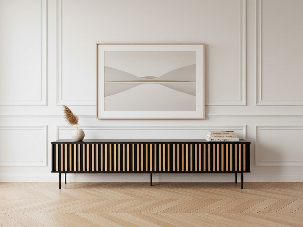 Meuble TV 5 portes 220 cm CORNEILLE tasseaux pin massif