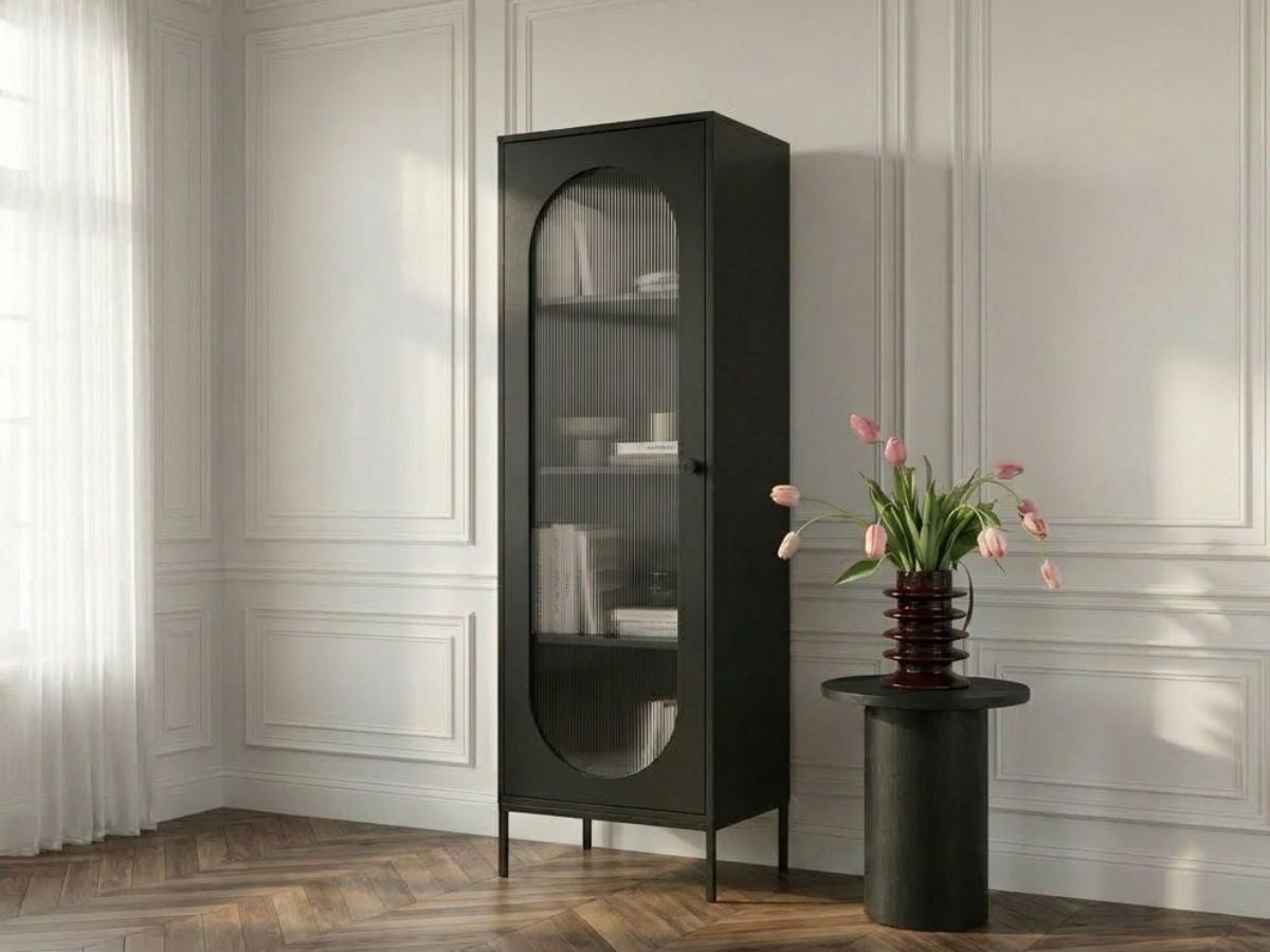 Vitrinekast H. 200 cm in gerookt glas SOHAN