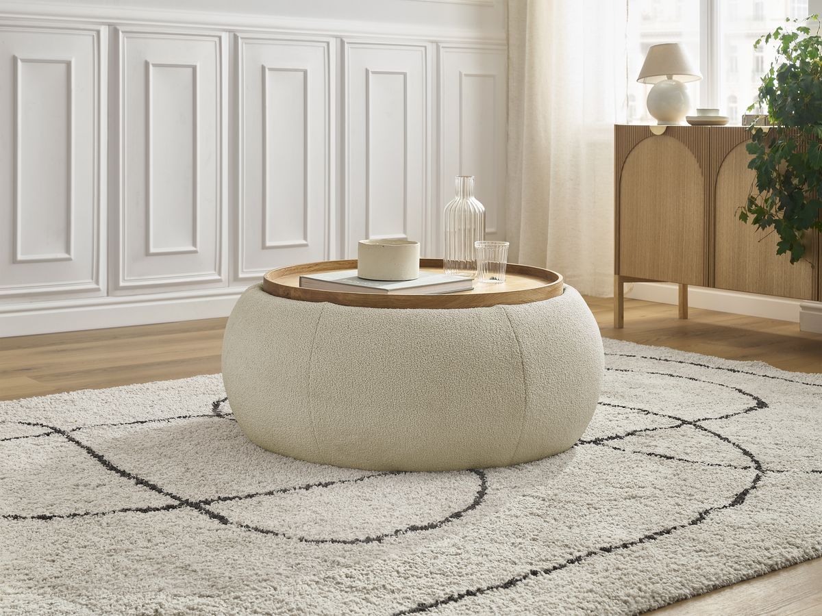 Pouf rond avec plateau HAYDEN tissu bouclette