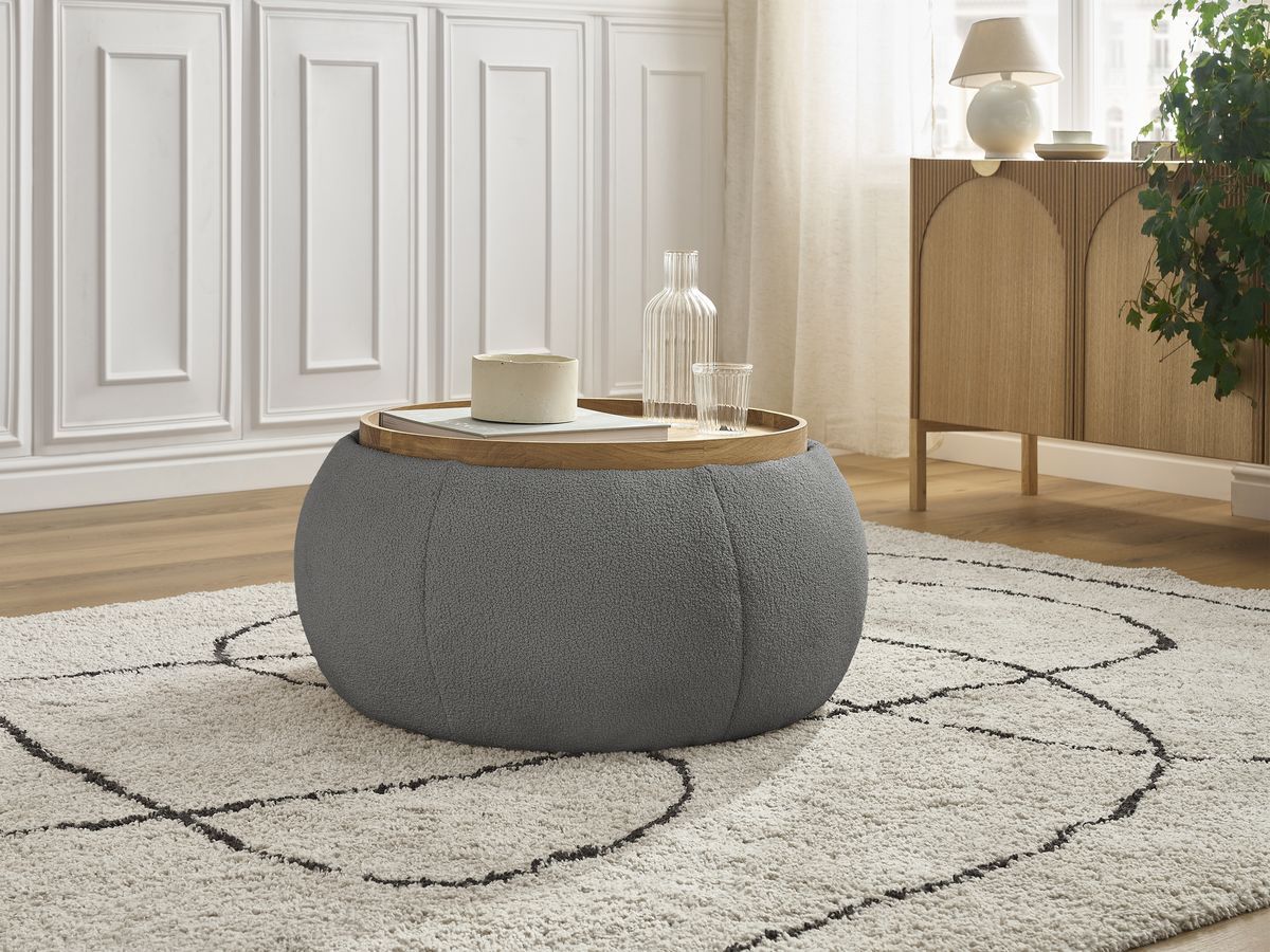 Pouf rond avec plateau HAYDEN tissu bouclette
