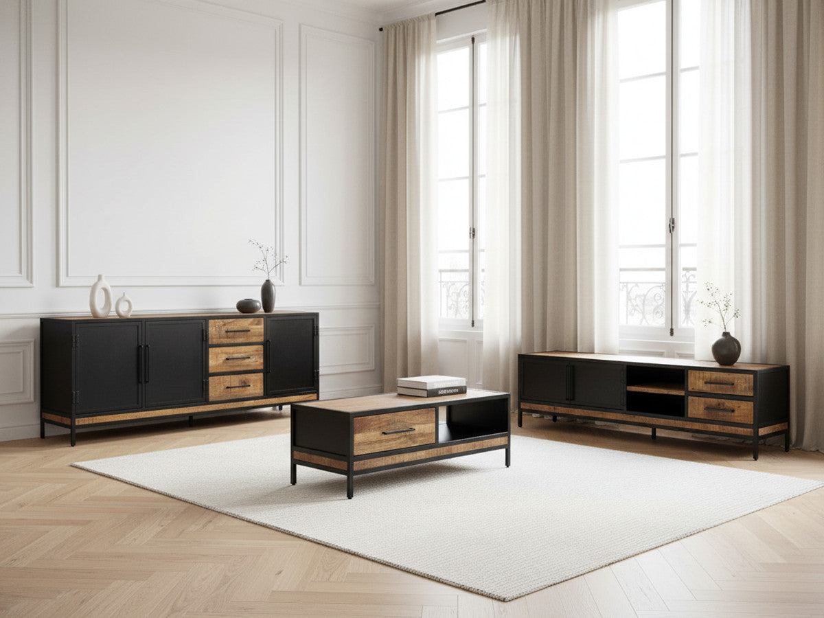 Séjour complet BEAUBOURG avec Buffet 200 cm + Meuble TV + Table basse Bois massif de manguier