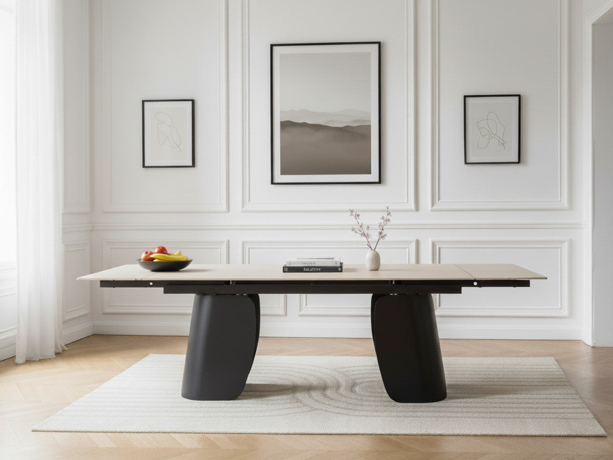 Table à manger extensible 180 à 260 cm JULIA plateau pierre effet travertin