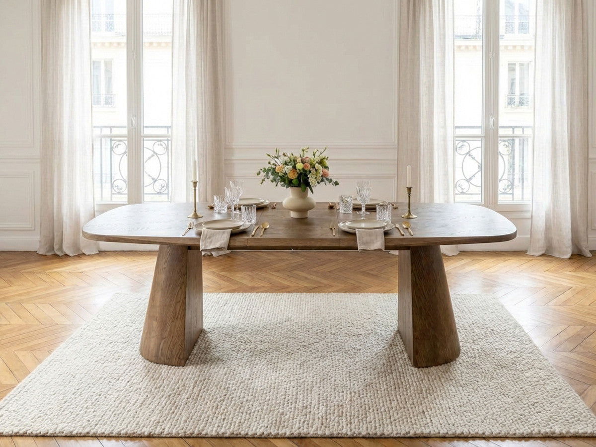 Table à manger extensible rectangulaire arrondie 200 à 300 cm MAZARGUES placage chêne massif