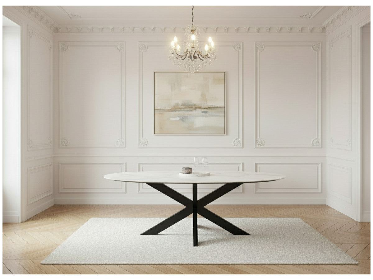 BARTHELEMY 200 cm ovale eettafel met kwartsmarmerlook blad