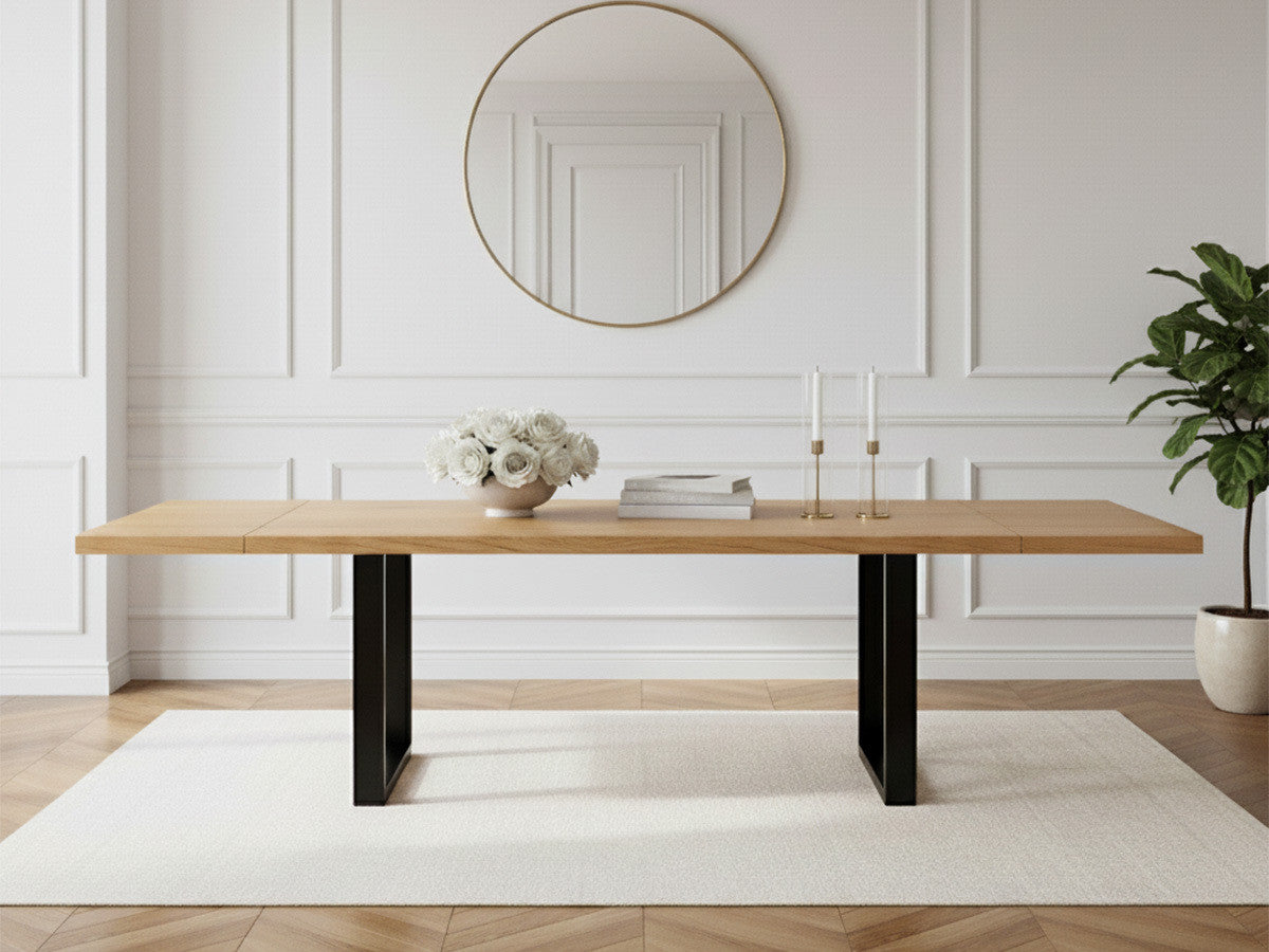 AWANI uitschuifbare eettafel met vierkante poten in massief eikenhout en metaal