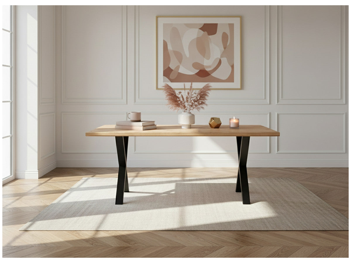 Table à manger pieds croix extensible AWANI Chêne massif et métal
