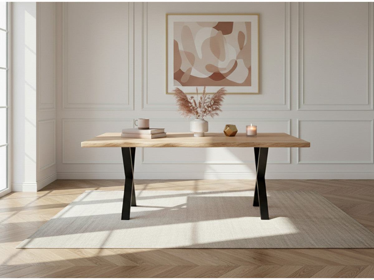 AWANI set met uitschuifbare eettafel met massief eikenhouten kruispoten + corduroy stoelen