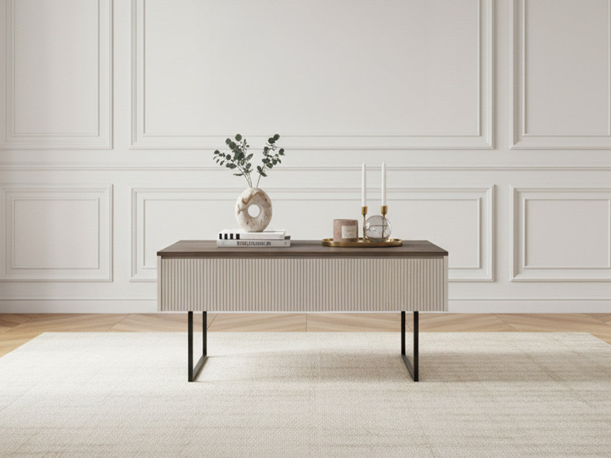 Table basse 1 porte 100 cm LOUNA beige et effet bois avec tasseaux