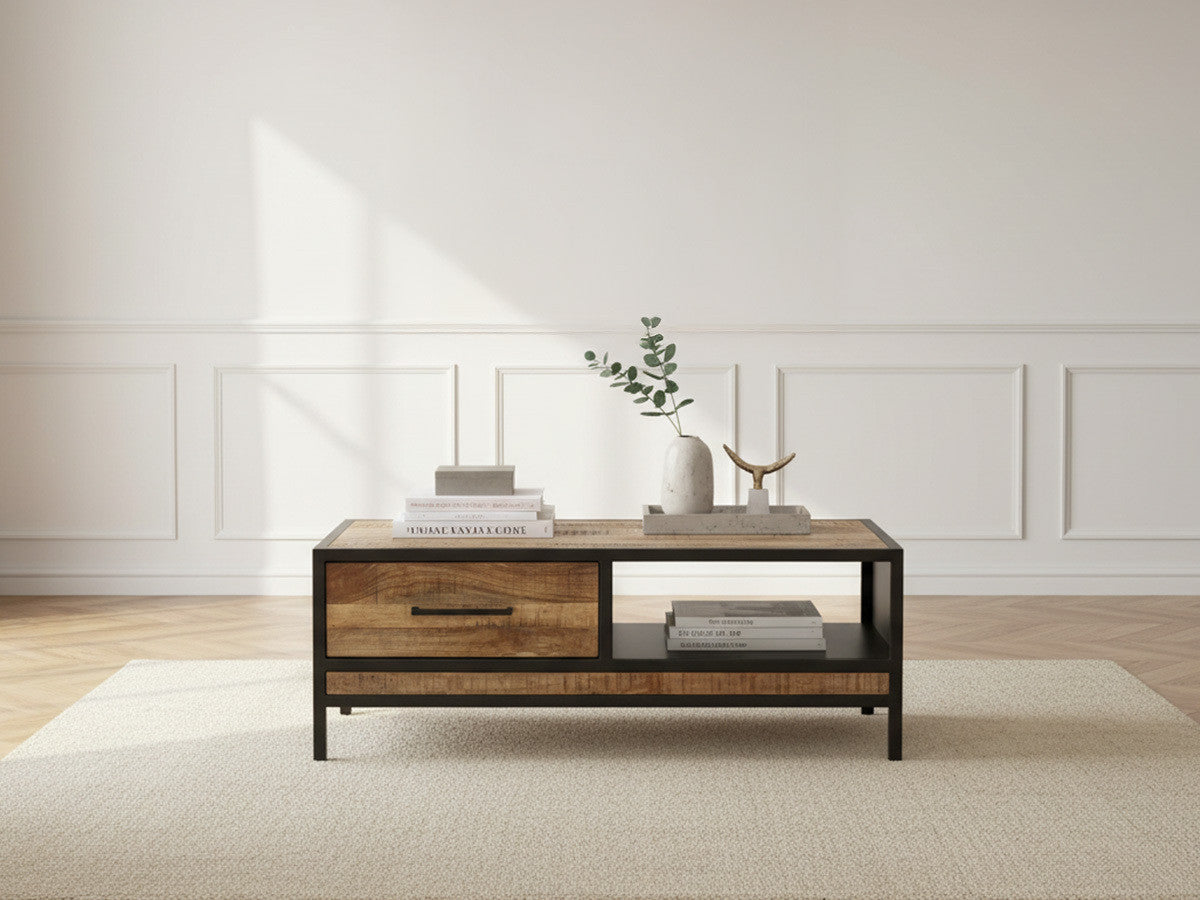 BEAUBOURG salontafel met 1 lade in massief mangohout