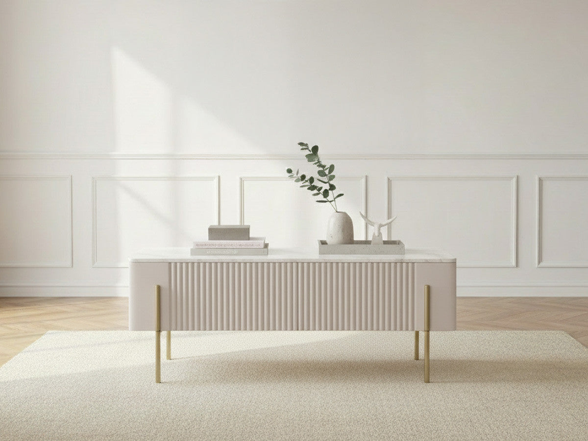 MATHILDE 100 cm salontafel met 2 laden, marmerlook blad en gouden poten