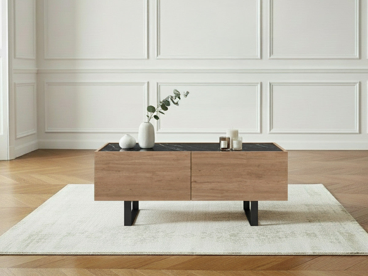 Table basse 2 tiroirs 110 cm OPERA effet chêne et imitation marbre noir