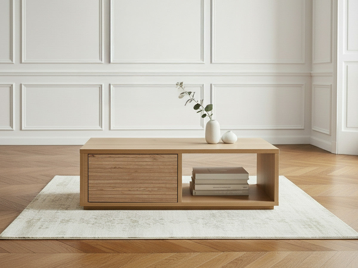 FERRET salontafel 100 cm met lade, houten lamelleneffect