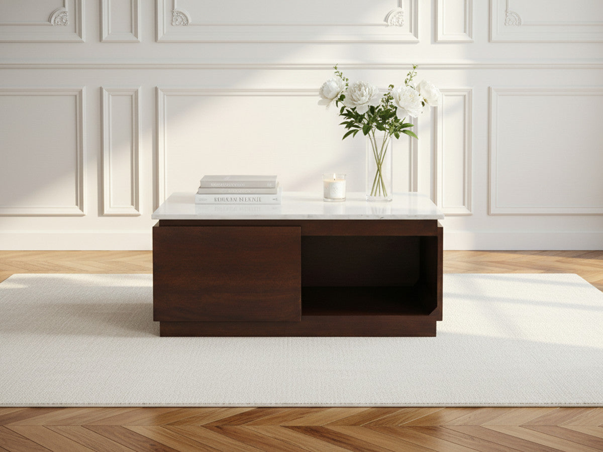 Table basse carrée 2 tiroirs 80 cm BARBARA bois massif de manguier et marbre