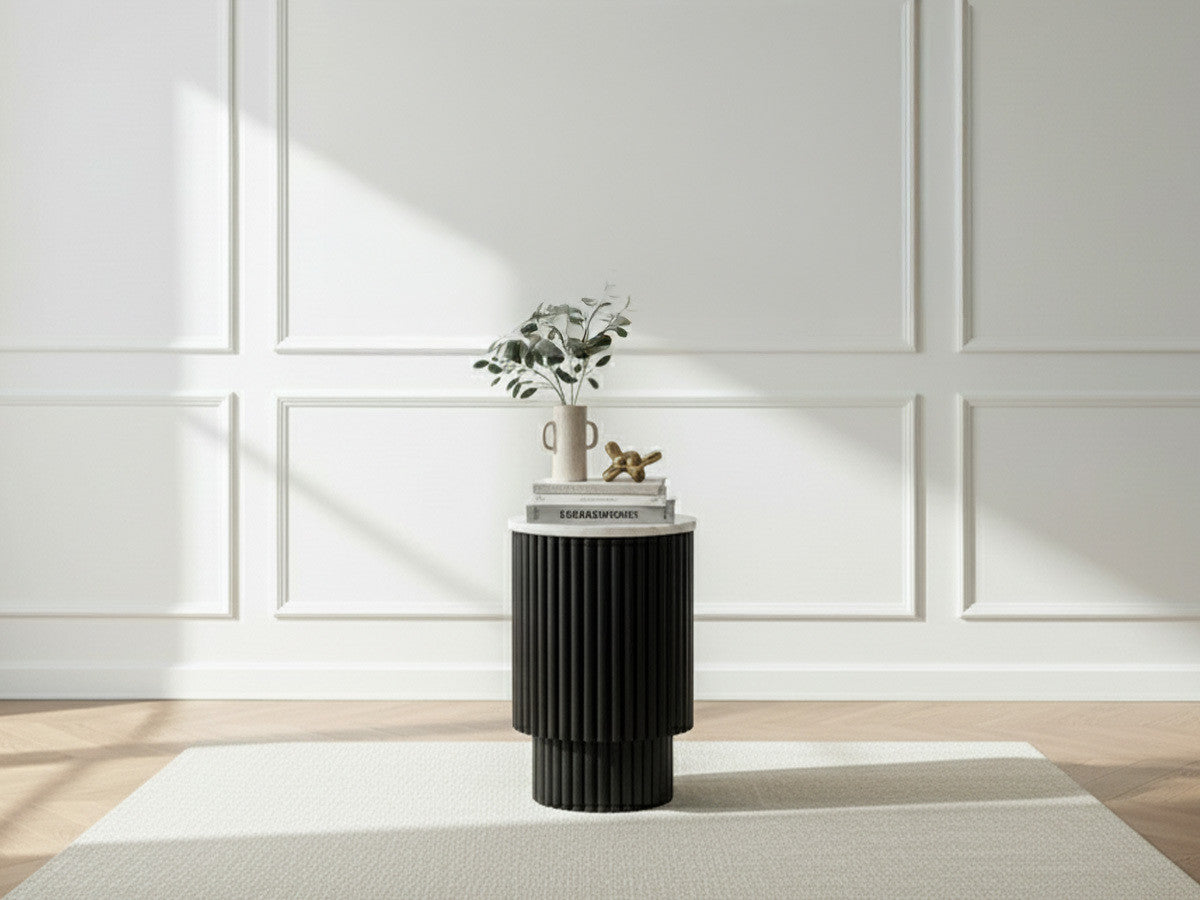 Table basse D.30 cm OLIVE plateau marbre et pied bois massif de manguier noir