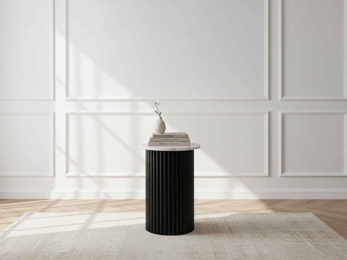 Salontafel D.32 cm TOM marmeren blad en massief zwarte mangohouten poten