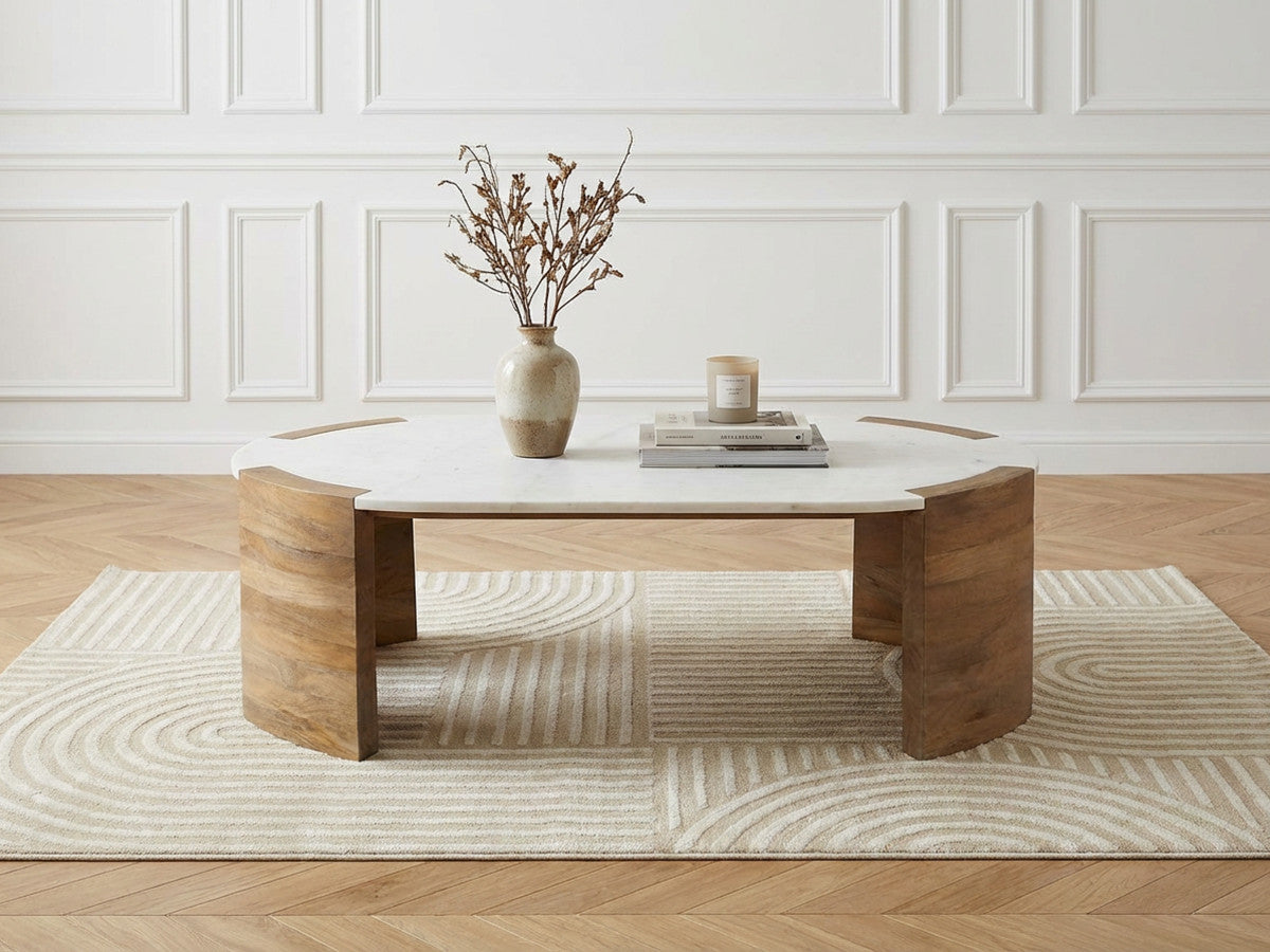 Table basse ovale 110 cm TORVI plateau marbre et pieds bois massif d'acacia