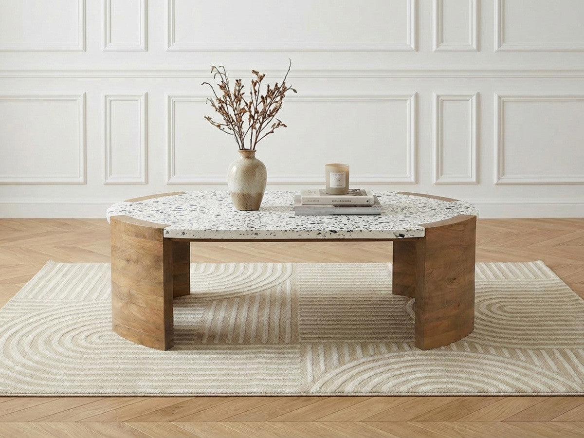 Table basse ovale 110 cm TORVI plateau terrazzo et pieds bois massif de manguier