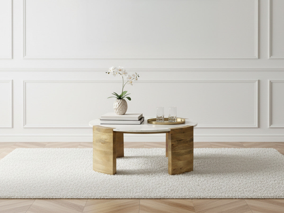 Table basse ronde D.85 cm TORVI plateau marbre et pieds bois massif de manguier clair