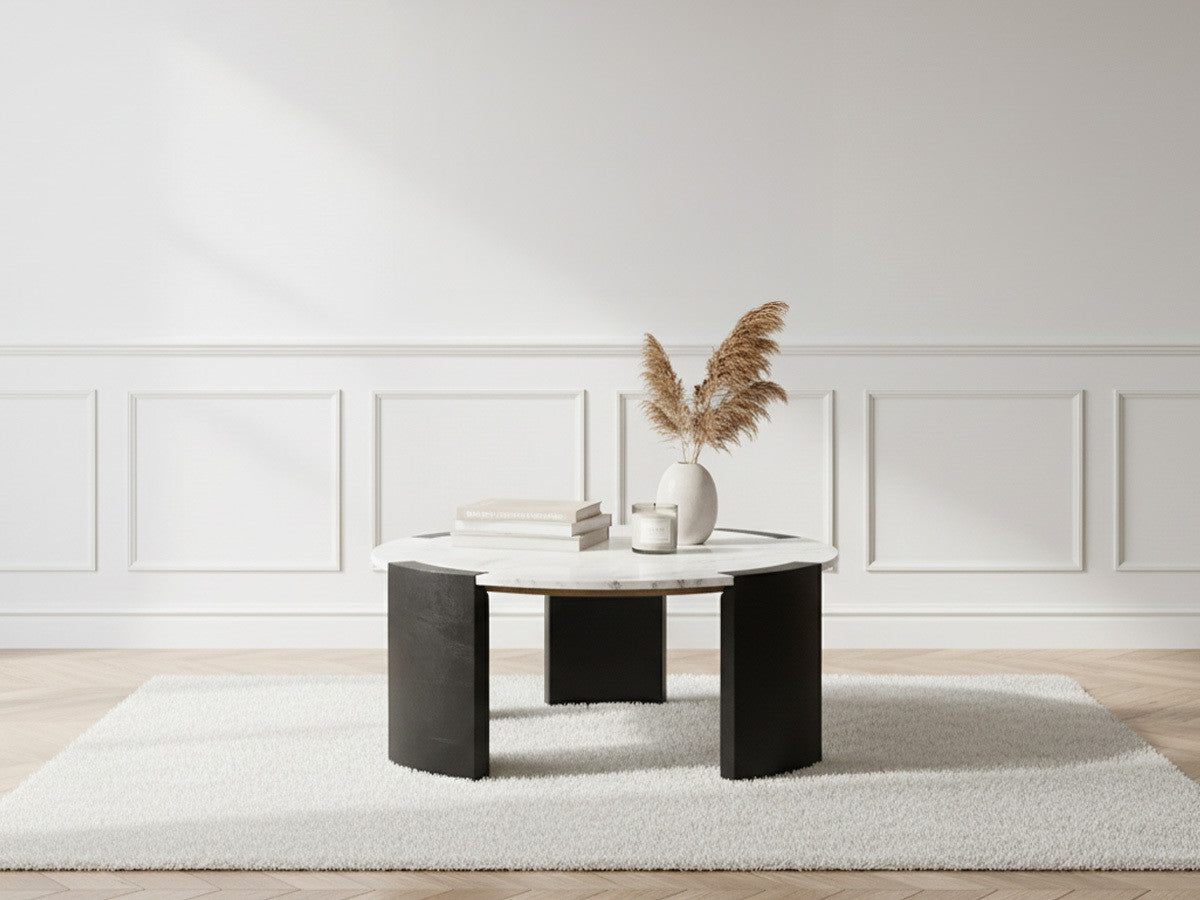 Table basse ronde D.85 cm TORVI plateau marbre et pieds bois massif de manguier noir