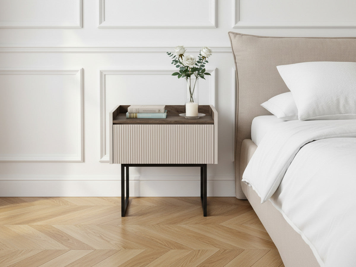 LOUNA beige en houtlook nachtkastje met 1 lade, latten en led-verlichting