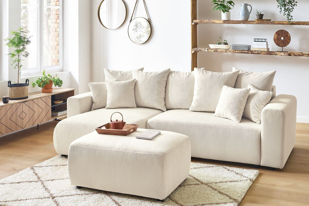 Canapé d'angle réversible convertible coffre ENVY velours côtelé avec pouf