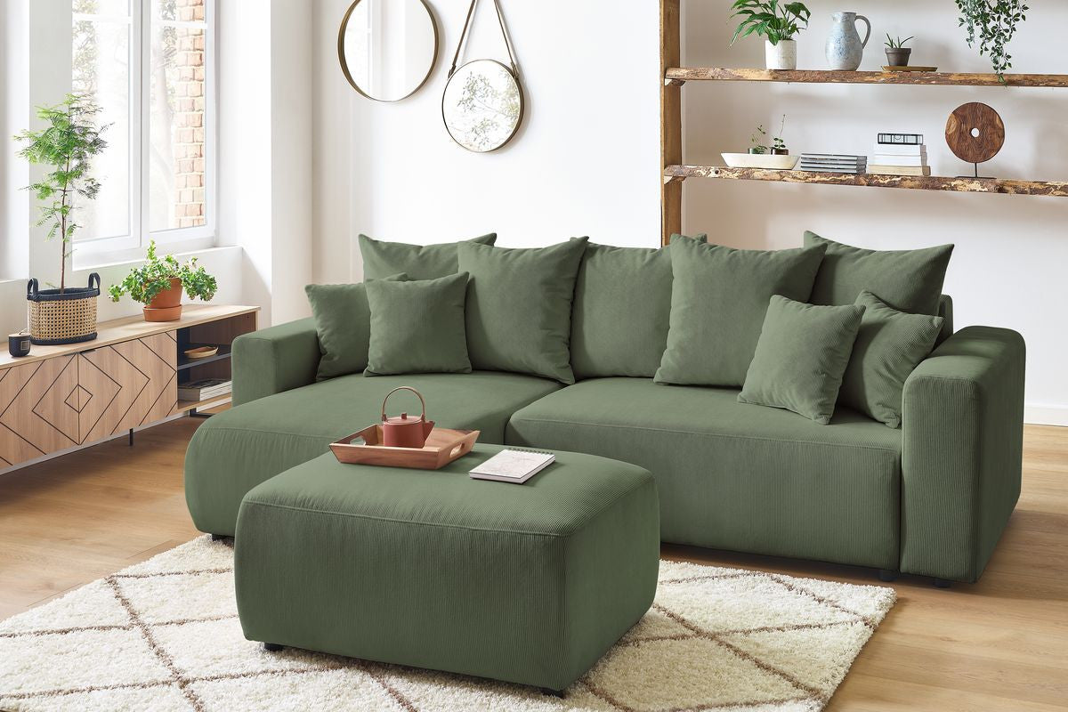 Canapé d'angle réversible convertible coffre ENVY velours côtelé avec pouf