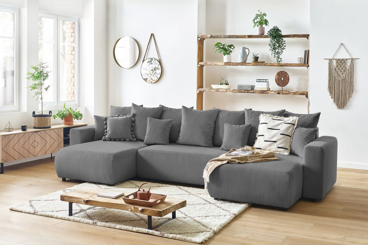 Canapé panoramique convertible coffre ENVY Velours côtelé avec pouf