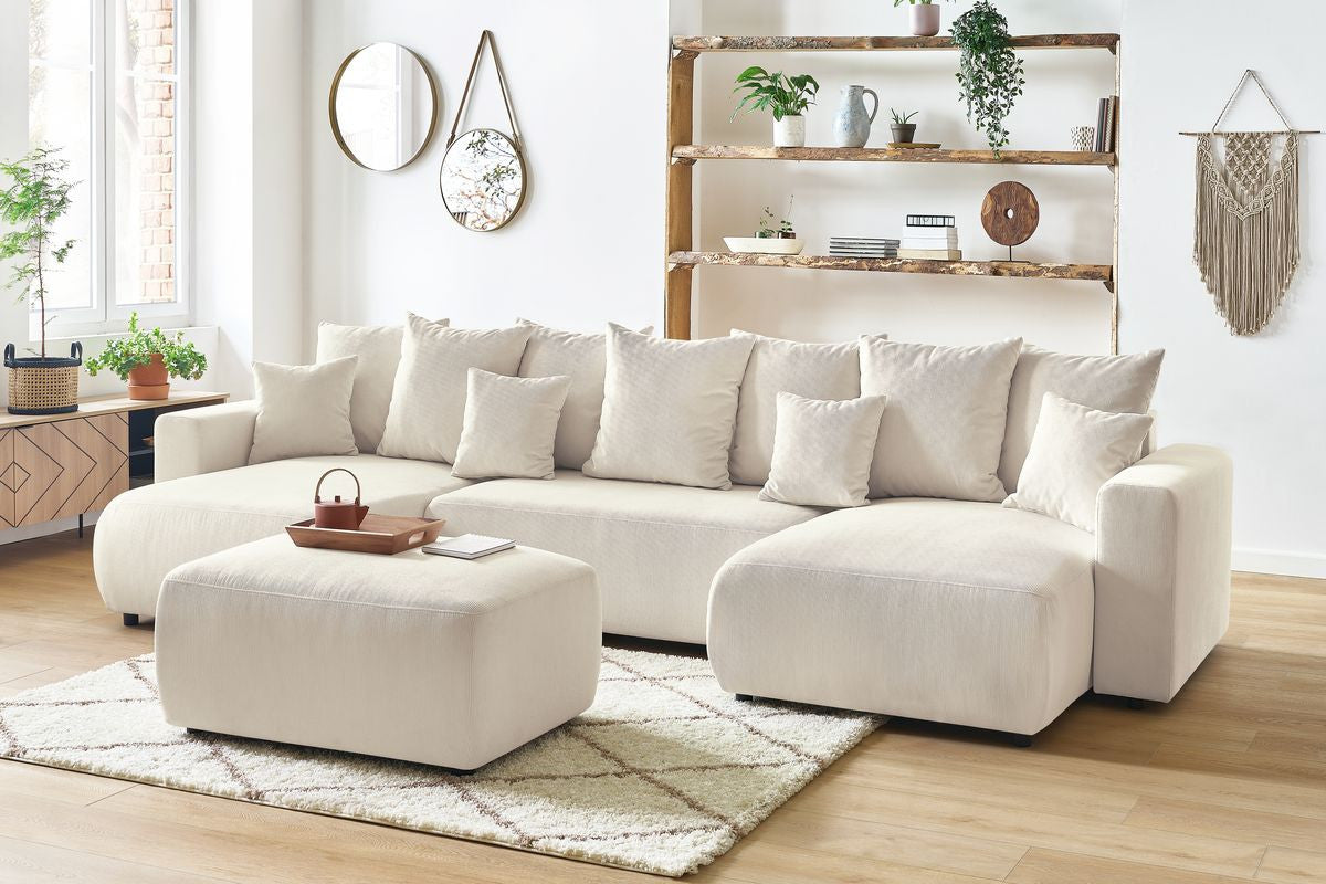 Canapé panoramique convertible coffre ENVY Velours côtelé avec pouf