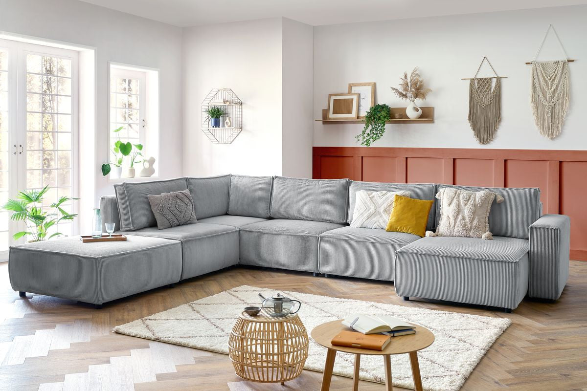 Canapé d'angle fixe modulable XL NIHAD tissu velours côtelé avec pouf