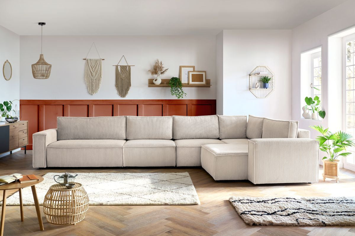 Canapé d'angle fixe modulable XL NIHAD tissu velours côtelé avec chauffeuse 2 places