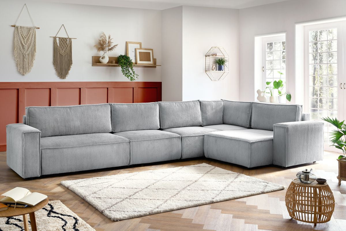 Canapé d'angle fixe modulable XL NIHAD tissu velours côtelé avec chauffeuse 2 places