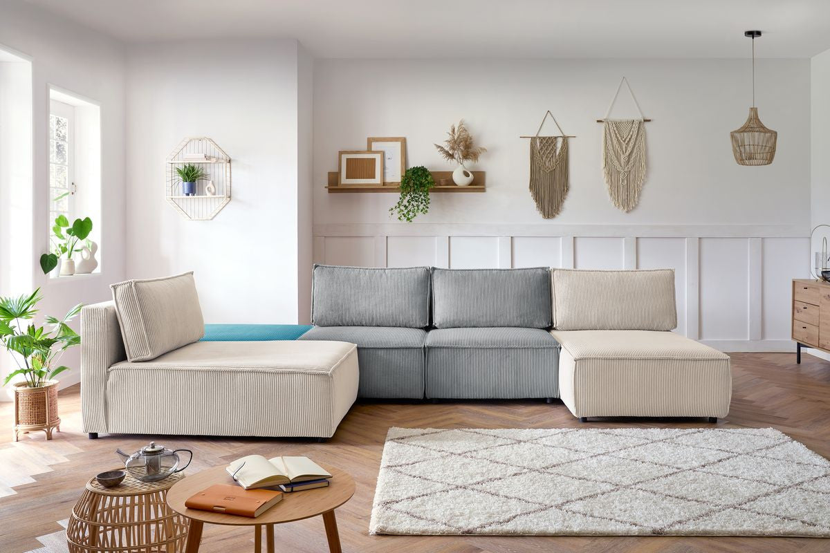Canapé d'angle fixe 100% modulable NIHAD tissu velours côtelé 2 chauffeuses, 1 pouf et 2 méridiennes