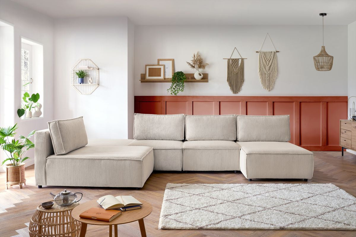Canapé d'angle fixe 100% modulable NIHAD tissu velours côtelé 2 chauffeuses, 1 pouf et 2 méridiennes