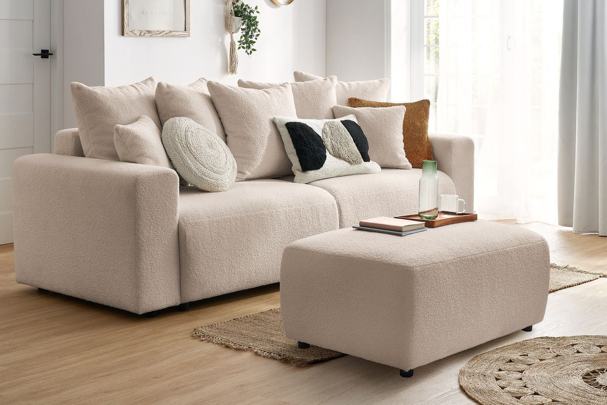 Canapé droit convertible coffre ENVY tissu bouclette doux avec pouf rectangulaire