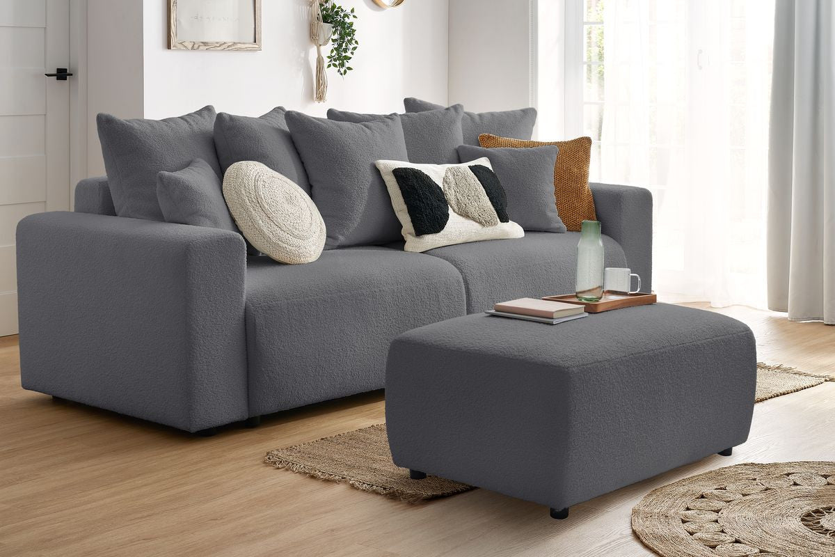 Canapé droit convertible coffre ENVY tissu bouclette doux avec pouf rectangulaire
