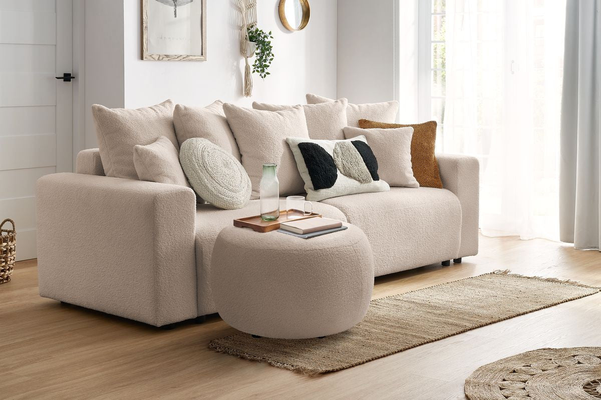 Canapé droit convertible coffre ENVY tissu bouclette doux avec pouf rond