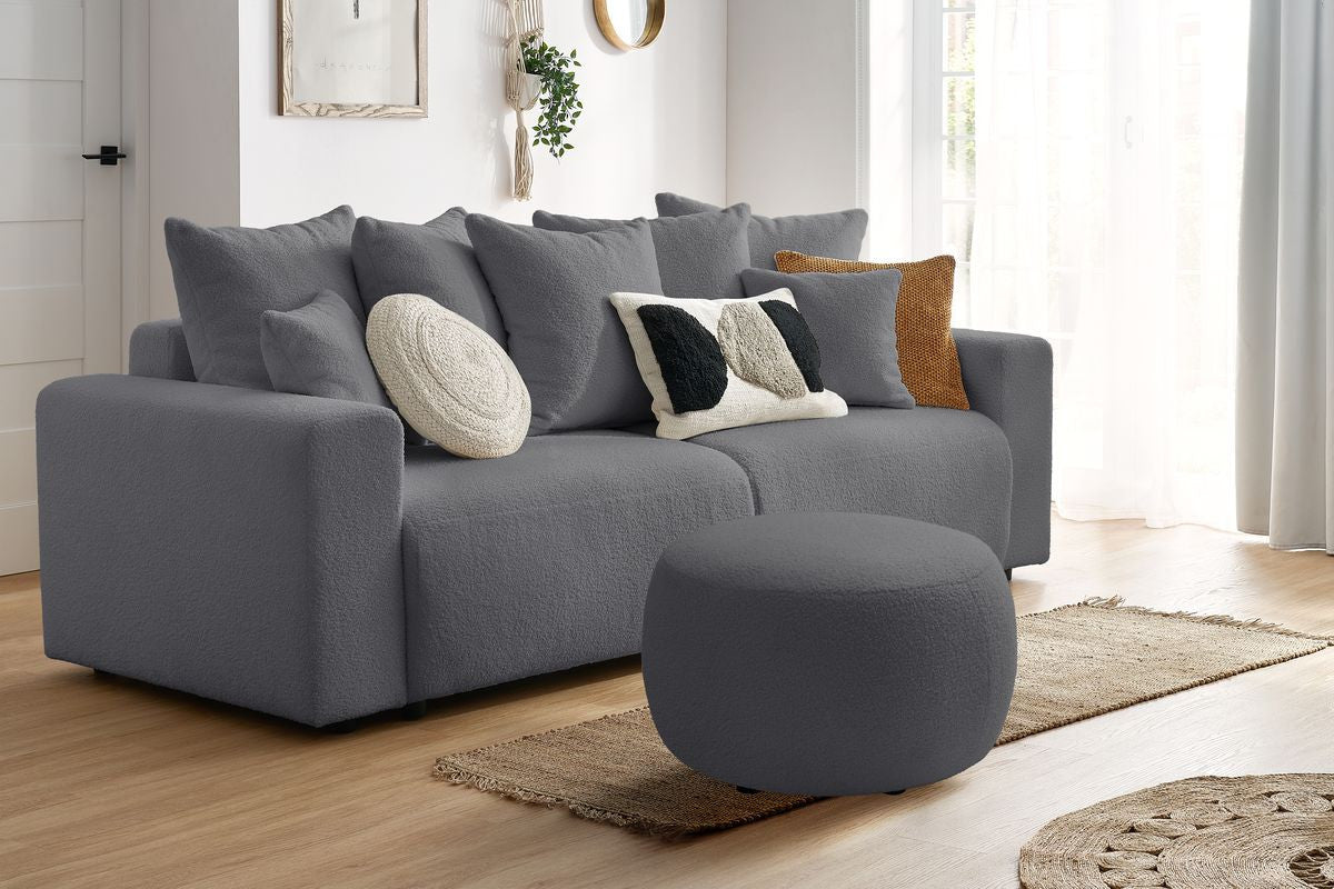 Canapé droit convertible coffre ENVY tissu bouclette doux avec pouf rond