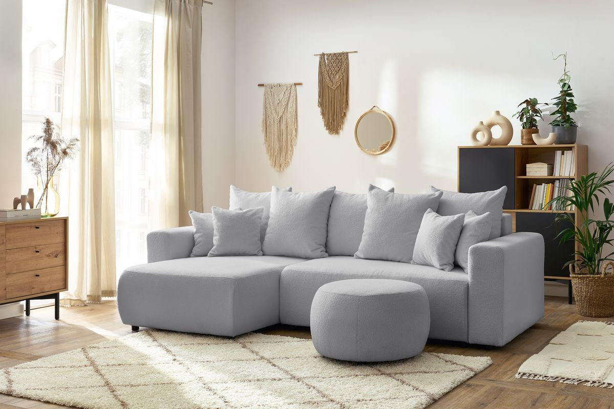 Canapé d'angle réversible convertible coffre ENVY tissu bouclette doux avec pouf rond