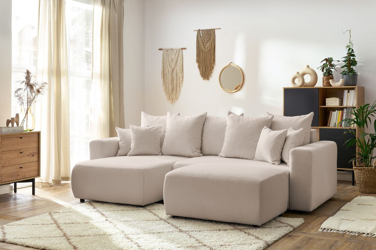 Canapé d'angle réversible convertible coffre ENVY tissu bouclette doux avec pouf rectangulaire