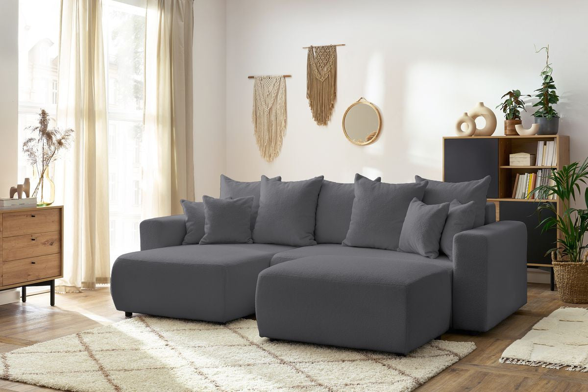 Canapé d'angle réversible convertible coffre ENVY tissu bouclette doux avec pouf rectangulaire