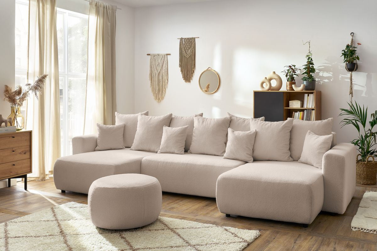 Canapé panoramique convertible coffre ENVY tissu bouclette avec pouf rond