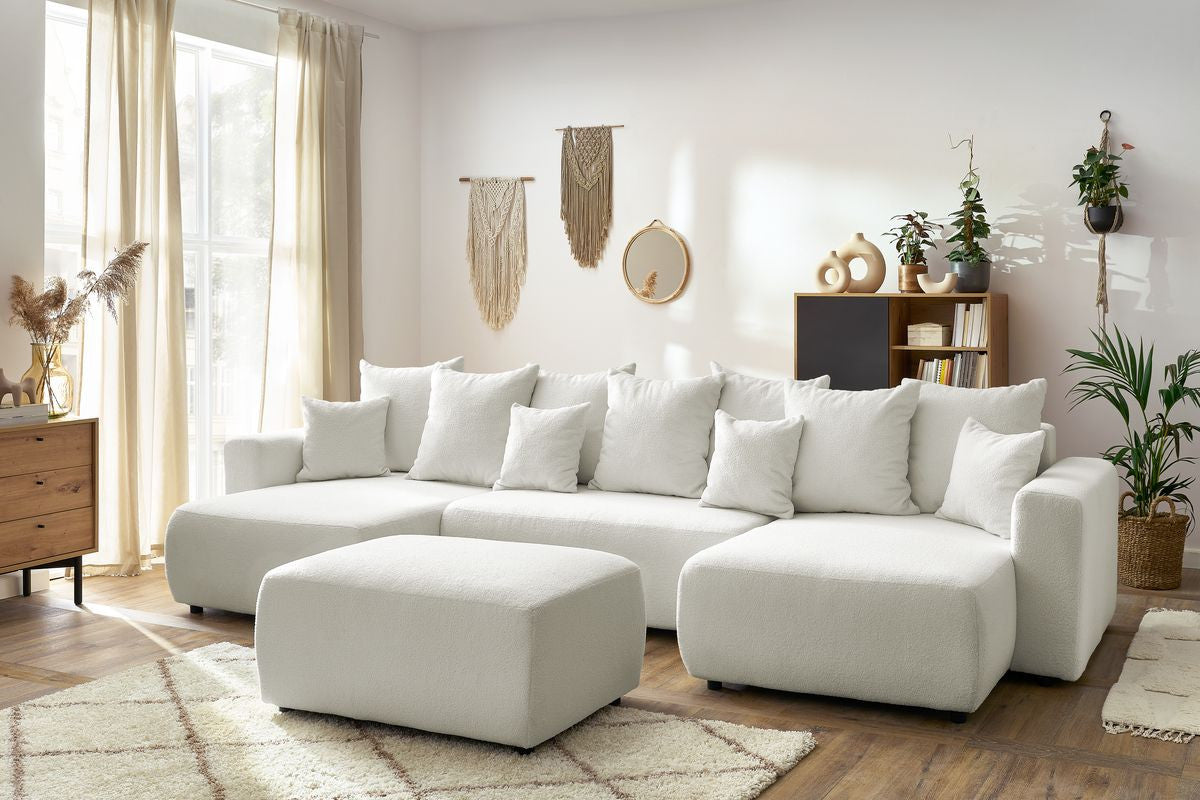 Canapé panoramique convertible coffre ENVY tissu bouclette avec pouf rectangulaire